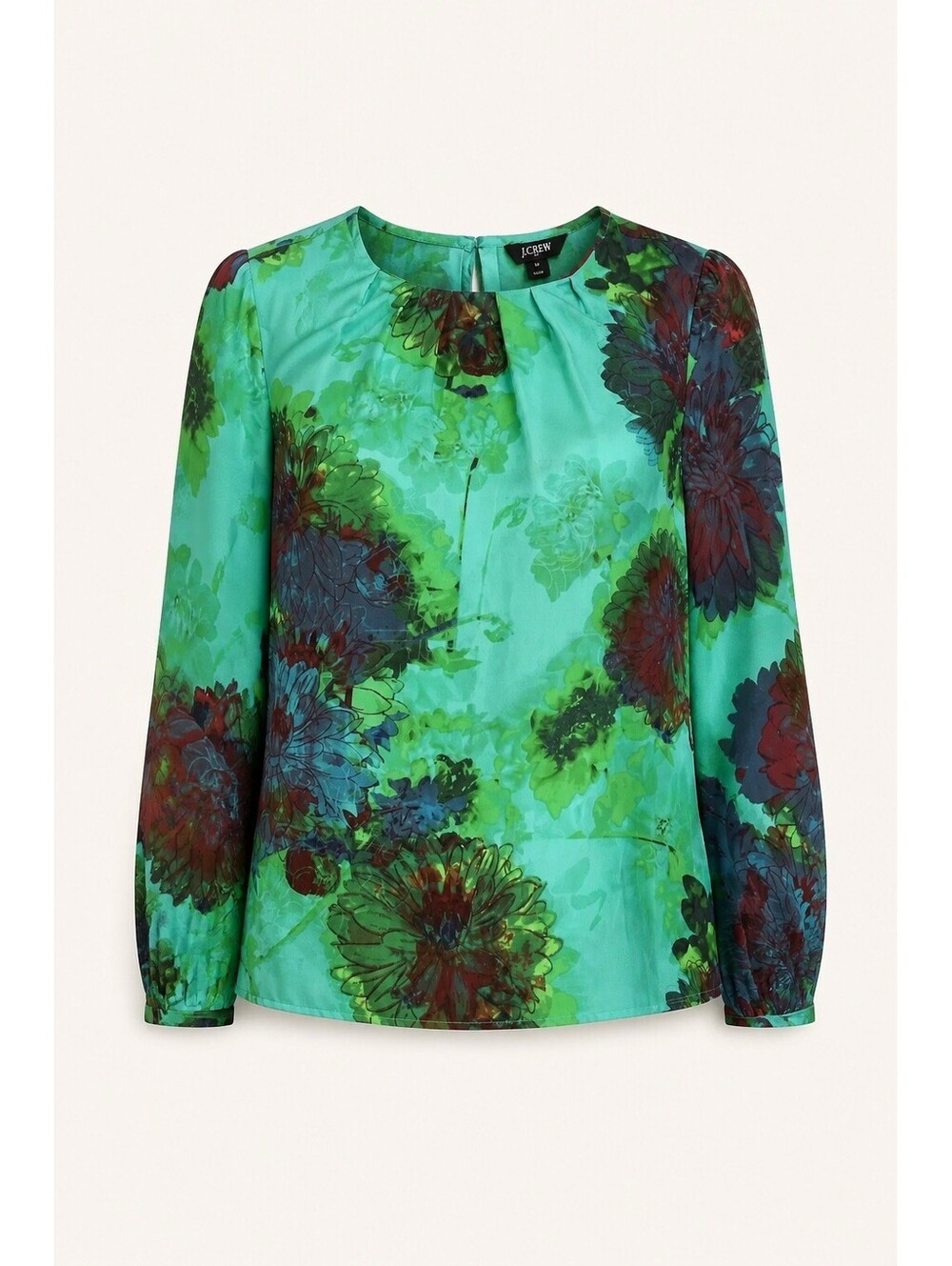 J Crew Women Green Floral Satin Long Sleeve Basic Blouse Round Neck Size XS